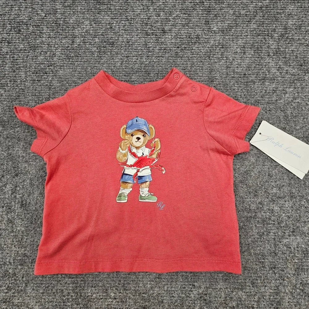 Ralph Lauren Polo Bear T-Shirt Baby 3M Red Lobster Graphic Cotton Tee NWT